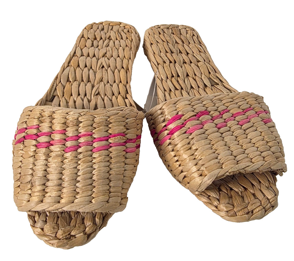 Womens Handmade Woven Raffia Straw Slide Sandals Pink Accent Sz 7.5 Boho
